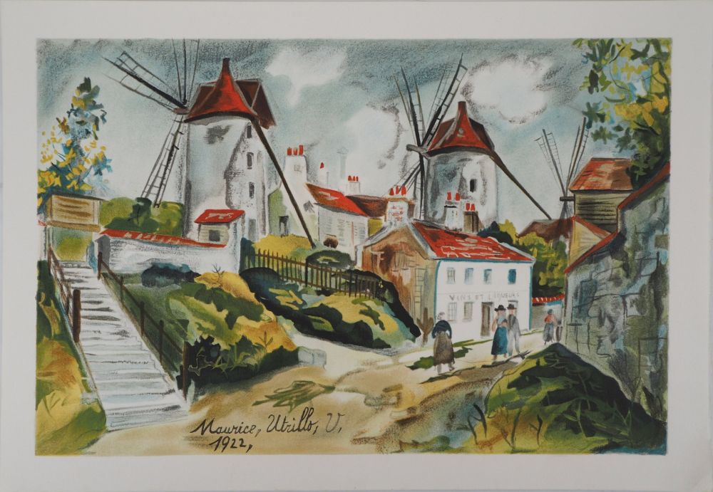 Litografía Utrillo - Les trois moulins à Montmartre