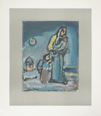 Litografía Rouault - L'Hiver, Famille marchant dans la neige, c