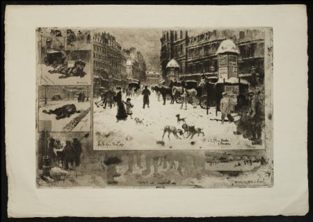 Aguafuerte Y Aguatinta Buhot - L'Hiver à Paris ou La Neige à Paris