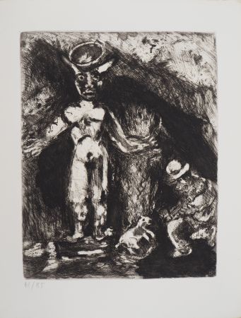 Grabado Chagall - L'homme et la statue (L'homme et l'idole de bois)
