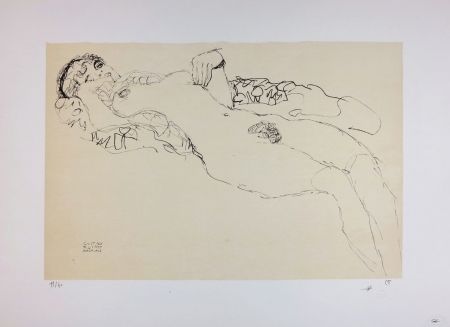 Litografía Klimt - Liegender Mädchenakt nach links / Reclining female nude facing left - 1914