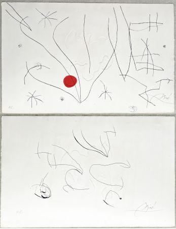 Aguafuerte Y Aguatinta Miró - L'ISSUE DÉROBÉE. Pointe sèche, aquatinte et gaufrage, signée à double face (1974)