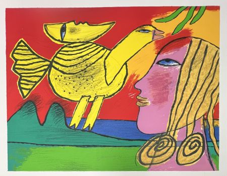 Litografía Corneille - Lithographie La lune compagne de l'oiseau 1993
