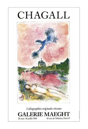 Cartel Chagall - LITHOGRAPHIES ORIGINALES RÉCENTES. NOTRE-DAME DE PARIS. Affiche originale. Maeght 1981