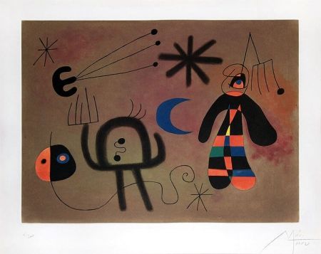 Aguatinta Miró - L'Oiseau-fusée vise la fourche glissant en cascade vers le point noir (The Rocket-Bird Aims for the Fork Cascading Down Toward the Black Point), 1952