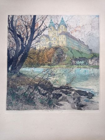 Aguafuerte Y Aguatinta Kasimir - Luigi Kasimir, View from Vienna - Melk Abbey - Handcoloured Etching, 1920s