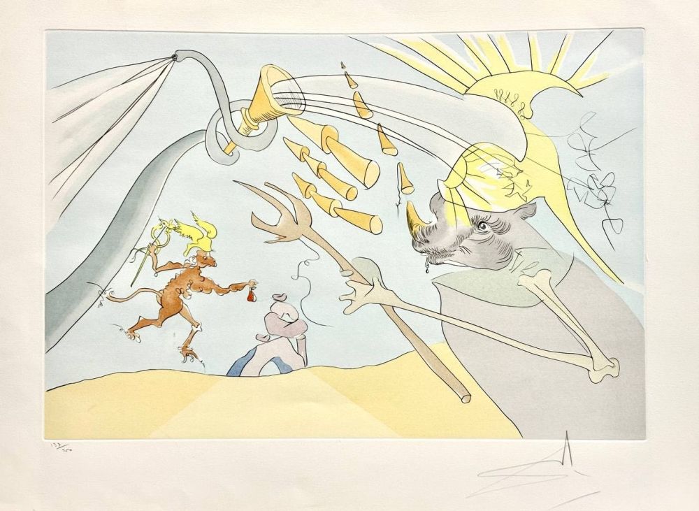 Aguafuerte Dali - L'Éléphant et le Singe de Jupiter (Le Bestiaire de La Fontaine)