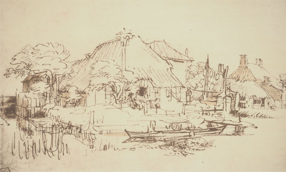 Litografía Rembrandt - Maisons sur le bord d'un canal