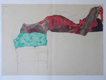 Litografía Schiele - Male nude with green cloth