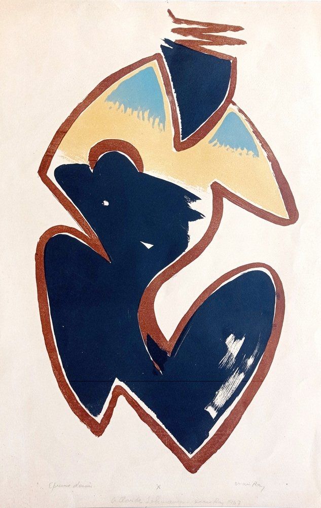 Litografía Ray - Man Ray, Abstract Composition / Post Colombian Object, 1960, Lithograph in colors, Hand signed!