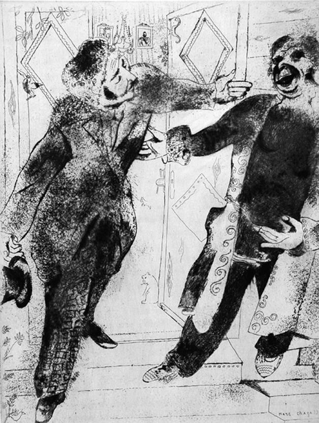 Aguafuerte Chagall - Manilov et Tchitchikov sur le seuil de la porte