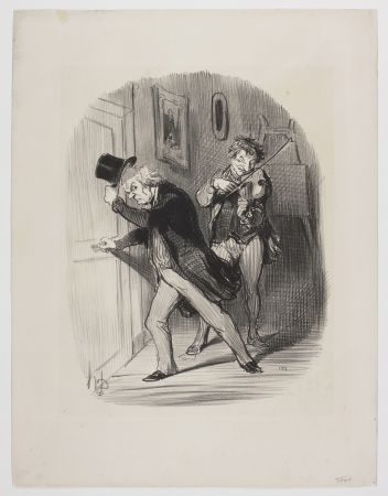 Litografía Daumier - Manière polie de mettre un bourgeois à la porte d'un atelier, lui jouer quarante sept fois de suite l'air de la Monaco. 