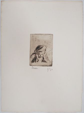 Punta Seca Luce - Maximilien LUCE - Enfant rêvassant Vers 1890 - Gravure originale signée