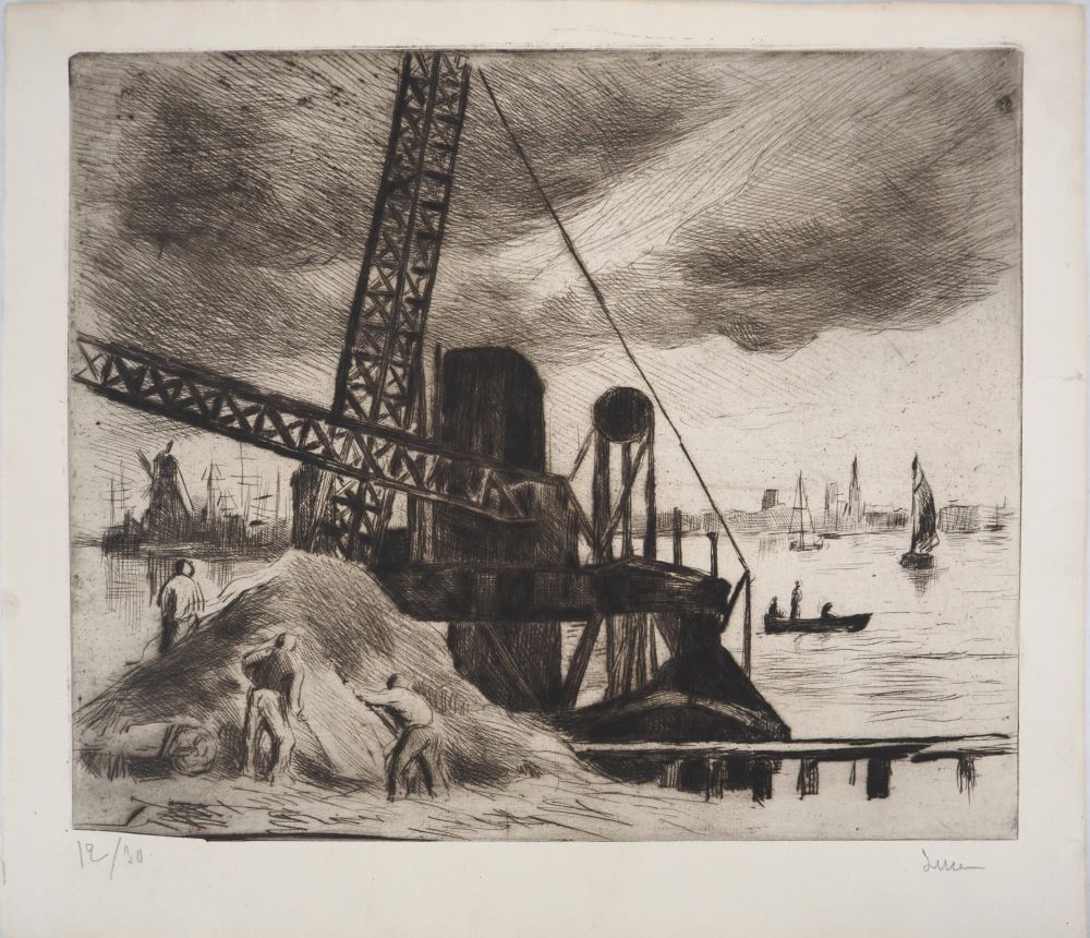 Punta Seca Luce - Maximilien LUCE - Grue du port de Rotterdam Vers 1890 -Gravure originale signée