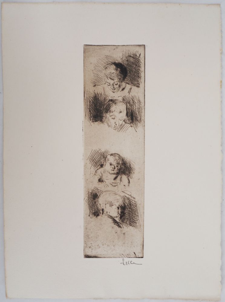 Punta Seca Luce - Maximilien LUCE - La Fratrie (Etude de quatre enfants) Vers 1890 - Gravure originale signée