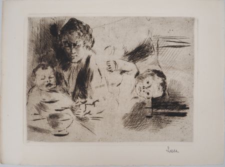 Punta Seca Luce - Maximilien LUCE - Maternité : le repas et le coucher de l'enfant Vers 1895 - Gravure originale signée