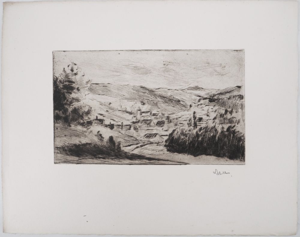 Punta Seca Luce - Maximilien LUCE - Paysage d'un village de Yonne Vers 1900 - Gravure originale signée