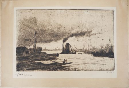 Punta Seca Luce - Maximilien LUCE - Rotterdam, voiliers à quai et  fumée dans le port Vers 1890 - Gravure originale signée