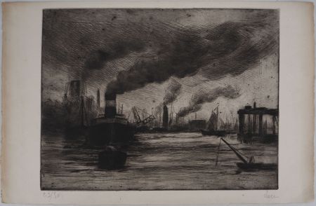 Punta Seca Luce - Maximilien LUCE - Vue du port de Rotterdam Vers 1890-1895 - Gravure originale signée