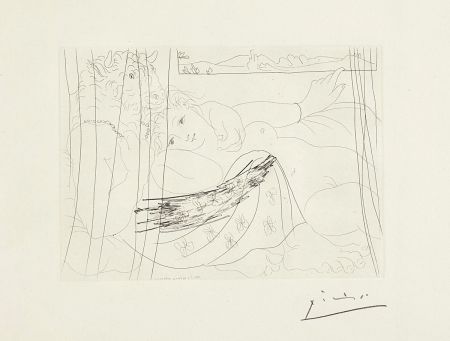 Aguafuerte Picasso - Minotaure et jeune femme enlacés rêvant sous une fenêtre (Minotaure and Young Woman Embracing Under a Window), plate 91, from La suite Vollard