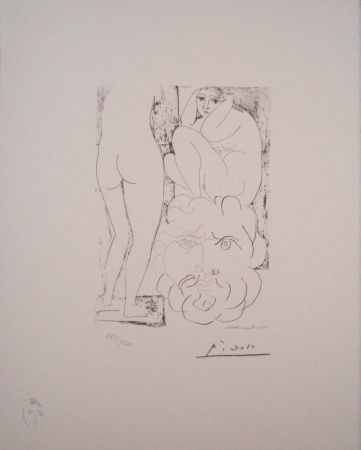 Litografía Picasso - Modelo, escultura de espaldas y cabeza barbuda