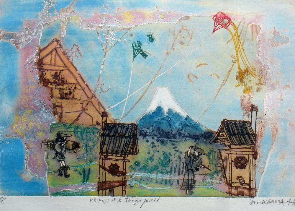 Grabado Hasegawa - Mont Fujoi et le temps passé 