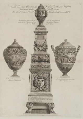 Grabado Piranesi - Monumento antiguo y dos vasos
