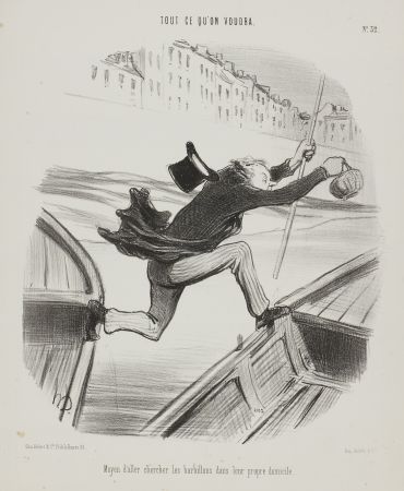 Litografía Daumier - Moyen d'aller chercher les barbillons dans leur propre domicile 