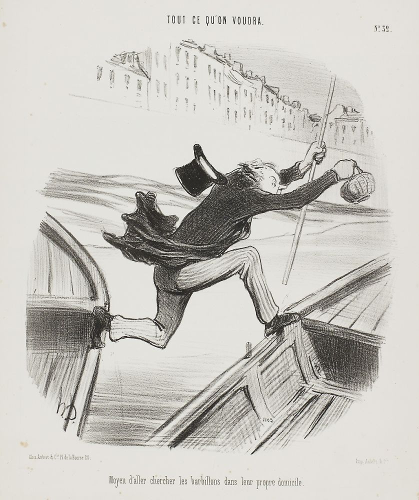Litografía Daumier - Moyen d'aller chercher les barbillons dans leur propre domicile (The best way to catch fish in their own environment)