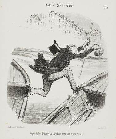 Litografía Daumier - Moyen d'aller chercher les barbillons dans leur propre domicile (The best way to catch fish in their own environment)