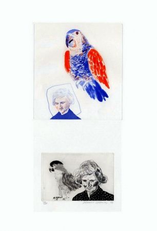 Grabado Hockney - My mother with a parrot