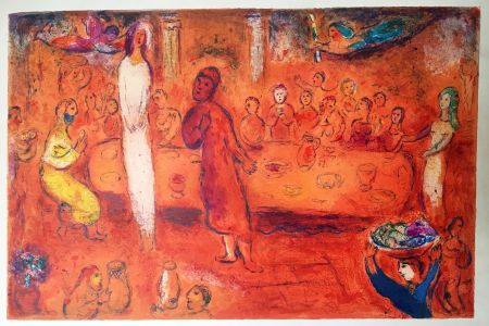 Litografía Chagall - MÉGACLÈS RECONNAIT SA FILLE PENDANT LE FESTIN  (Daphnis & Chloé - 1961)