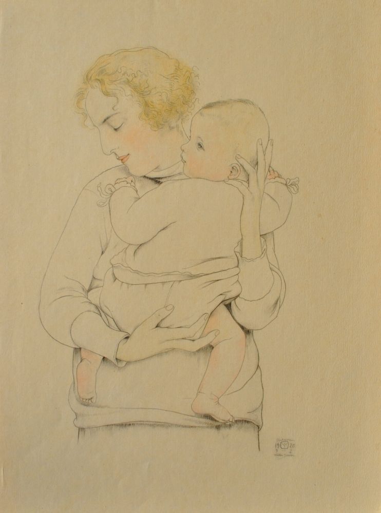 Grabado Sauer - Mère et son enfant
