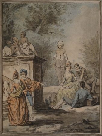 Aguatinta Janinet - Nach Jean Antoine Watteau (1684-1721). Komödiantenszene 