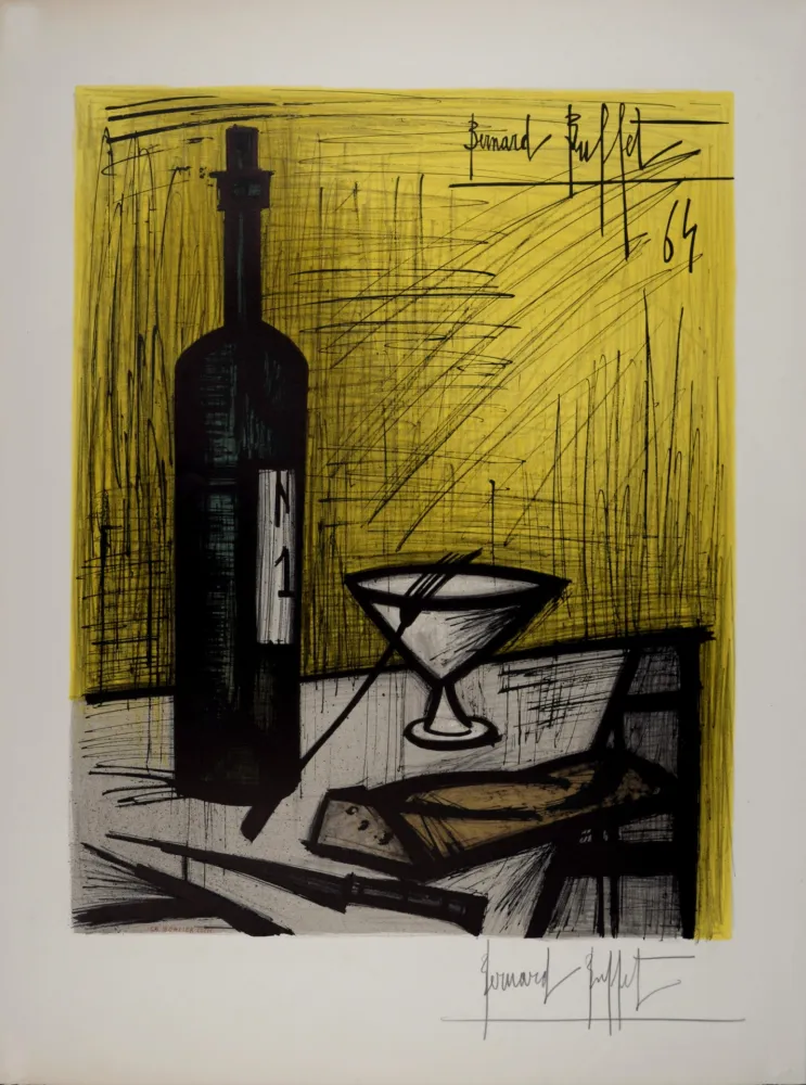Litografía de Bernard Buffet, Nature morte à la bouteille de vin 