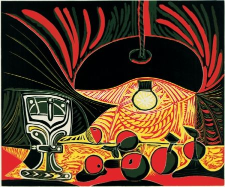 Linograbado Picasso - Nature morte au verre sous la lampe