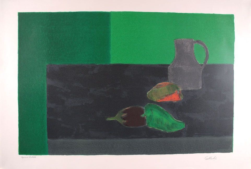 Litografía Cathelin - Nature morte noire et verte aux poivrons - Still Life in black and green with peppers