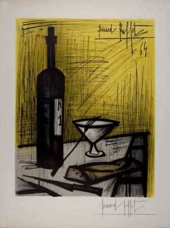 Litografía Buffet - Nature morte à la bouteille de vin et au pain, 1964 - Hand-signed