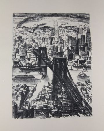 Litografía Lubbers - NEW-YORK - BROOKLYN BRIDGE / LE PONT DE BROOKLYN