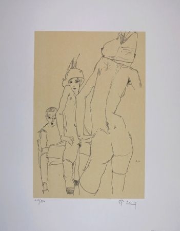Litografía Schiele - NU AU MIROIR / A NUDE MODEL BEFORE A MIRROR - 1910