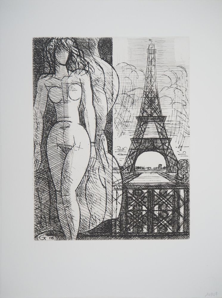 Grabado Gromaire - Nu à la Tour Eiffel