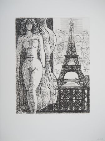Grabado Gromaire - Nu à la Tour Eiffel