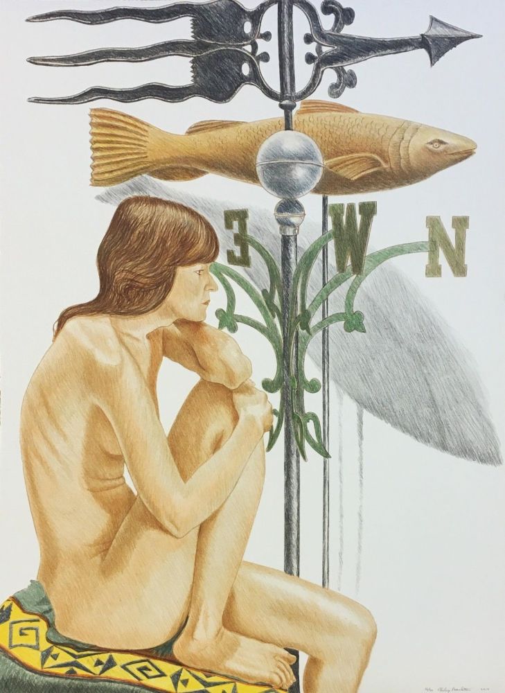 Litografía Pearlstein - NUDE MODEL WITH BANNER AND FISH WEATHERVANE