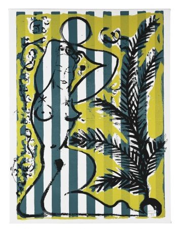 Serigrafía Szczesny - Nude with Palms on Green Stripes