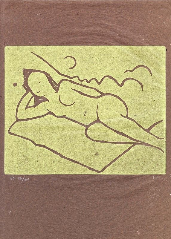 Linograbado Casorati - Nudo sdraiato sulla coperta