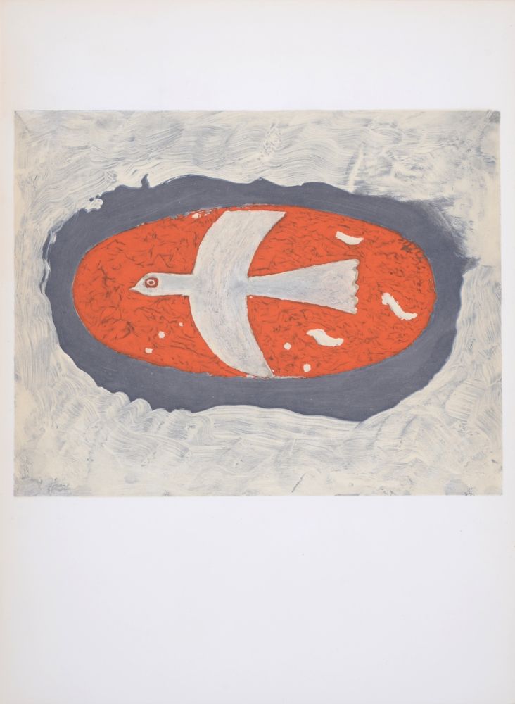 Litografía Braque - Oiseau blanc sur fond rouge, 1967