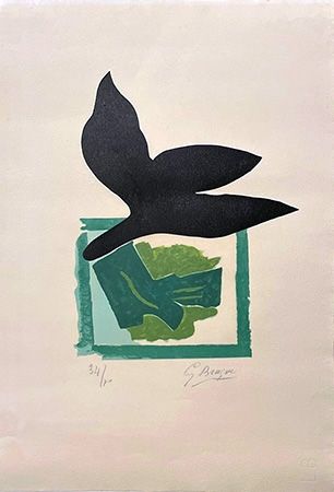 Grabado En Madera Braque - Oiseau noir sur fond vert