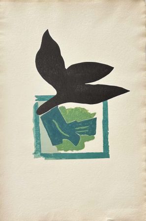 Grabado En Madera Braque - Oiseau noir sur fond vert
