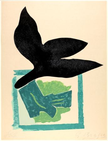 Grabado En Madera Braque - Oiseau noir sur fond vert 
