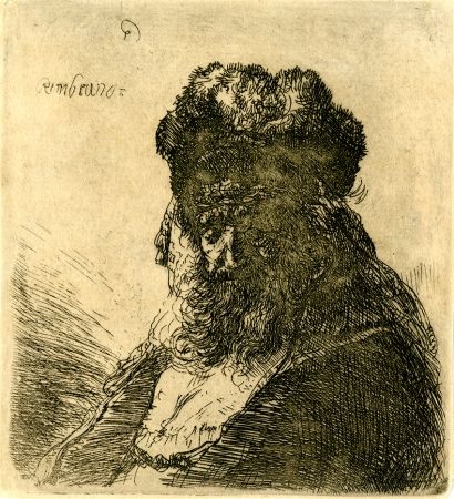 Grabado Rembrandt - 	Old Bearded Man in a High Fur Cap, with Eyes Closed, c. 1635